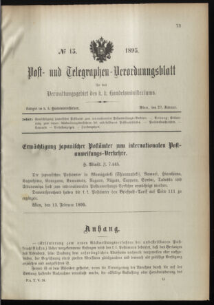 Post- und Telegraphen-Verordnungsblatt für das Verwaltungsgebiet des K.-K. Handelsministeriums 18950220 Seite: 1