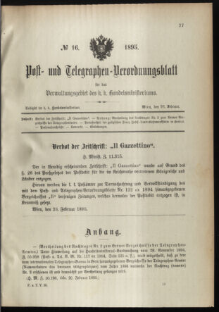 Post- und Telegraphen-Verordnungsblatt für das Verwaltungsgebiet des K.-K. Handelsministeriums 18950226 Seite: 1