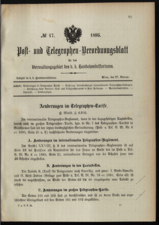 Post- und Telegraphen-Verordnungsblatt für das Verwaltungsgebiet des K.-K. Handelsministeriums 18950227 Seite: 1