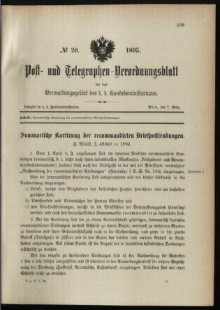 Post- und Telegraphen-Verordnungsblatt für das Verwaltungsgebiet des K.-K. Handelsministeriums 18950307 Seite: 1