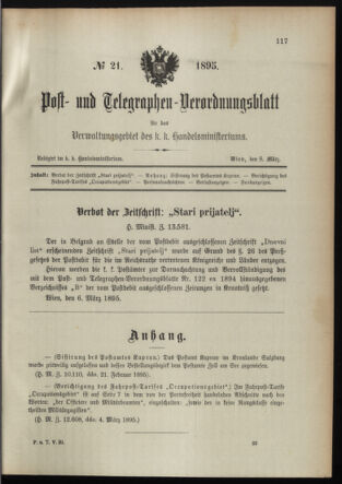 Post- und Telegraphen-Verordnungsblatt für das Verwaltungsgebiet des K.-K. Handelsministeriums 18950308 Seite: 1