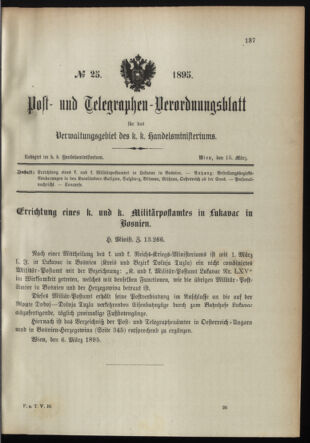 Post- und Telegraphen-Verordnungsblatt für das Verwaltungsgebiet des K.-K. Handelsministeriums 18950315 Seite: 1