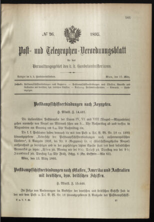 Post- und Telegraphen-Verordnungsblatt für das Verwaltungsgebiet des K.-K. Handelsministeriums 18950318 Seite: 1