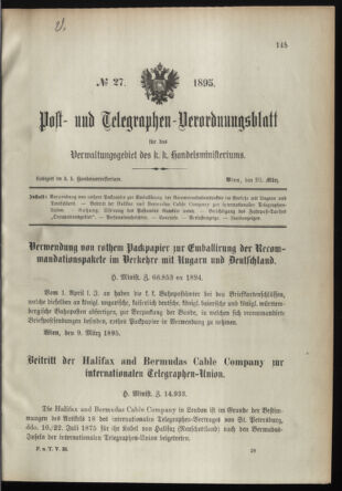 Post- und Telegraphen-Verordnungsblatt für das Verwaltungsgebiet des K.-K. Handelsministeriums 18950320 Seite: 1