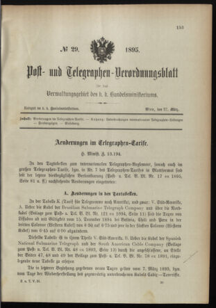 Post- und Telegraphen-Verordnungsblatt für das Verwaltungsgebiet des K.-K. Handelsministeriums 18950327 Seite: 1