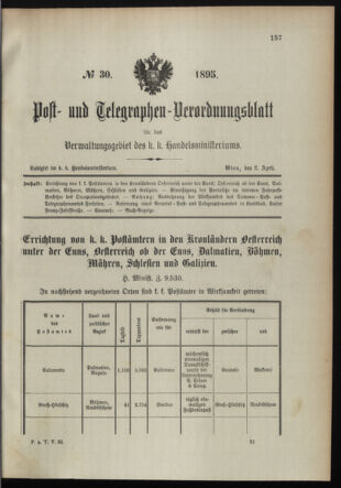 Post- und Telegraphen-Verordnungsblatt für das Verwaltungsgebiet des K.-K. Handelsministeriums 18950402 Seite: 1