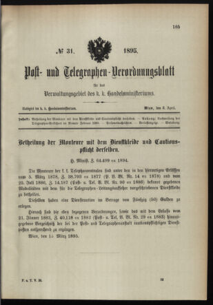 Post- und Telegraphen-Verordnungsblatt für das Verwaltungsgebiet des K.-K. Handelsministeriums 18950403 Seite: 1