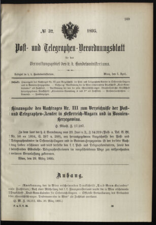 Post- und Telegraphen-Verordnungsblatt für das Verwaltungsgebiet des K.-K. Handelsministeriums 18950405 Seite: 1