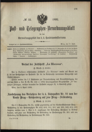 Post- und Telegraphen-Verordnungsblatt für das Verwaltungsgebiet des K.-K. Handelsministeriums 18950410 Seite: 1