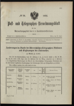 Post- und Telegraphen-Verordnungsblatt für das Verwaltungsgebiet des K.-K. Handelsministeriums 18950412 Seite: 1