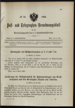 Post- und Telegraphen-Verordnungsblatt für das Verwaltungsgebiet des K.-K. Handelsministeriums 18950418 Seite: 1