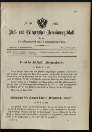 Post- und Telegraphen-Verordnungsblatt für das Verwaltungsgebiet des K.-K. Handelsministeriums 18950420 Seite: 1