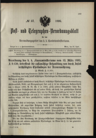 Post- und Telegraphen-Verordnungsblatt für das Verwaltungsgebiet des K.-K. Handelsministeriums 18950422 Seite: 1