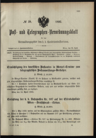 Post- und Telegraphen-Verordnungsblatt für das Verwaltungsgebiet des K.-K. Handelsministeriums 18950424 Seite: 1