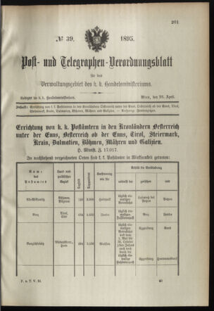 Post- und Telegraphen-Verordnungsblatt für das Verwaltungsgebiet des K.-K. Handelsministeriums 18950426 Seite: 1