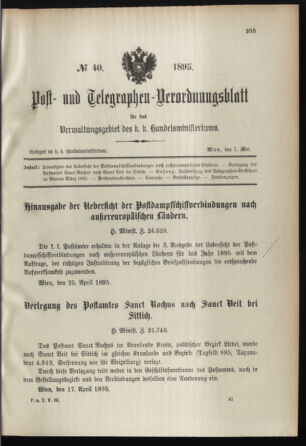 Post- und Telegraphen-Verordnungsblatt für das Verwaltungsgebiet des K.-K. Handelsministeriums 18950501 Seite: 1