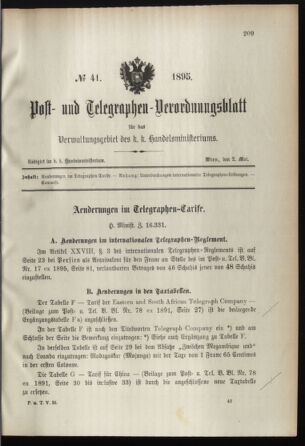 Post- und Telegraphen-Verordnungsblatt für das Verwaltungsgebiet des K.-K. Handelsministeriums 18950502 Seite: 1