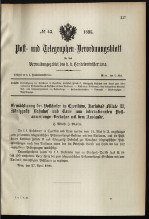 Post- und Telegraphen-Verordnungsblatt für das Verwaltungsgebiet des K.-K. Handelsministeriums 18950504 Seite: 1