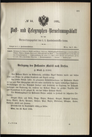 Post- und Telegraphen-Verordnungsblatt für das Verwaltungsgebiet des K.-K. Handelsministeriums 18950508 Seite: 1