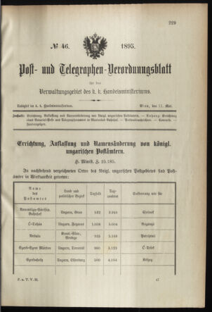 Post- und Telegraphen-Verordnungsblatt für das Verwaltungsgebiet des K.-K. Handelsministeriums 18950511 Seite: 1