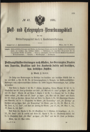 Post- und Telegraphen-Verordnungsblatt für das Verwaltungsgebiet des K.-K. Handelsministeriums 18950515 Seite: 1