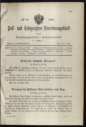 Post- und Telegraphen-Verordnungsblatt für das Verwaltungsgebiet des K.-K. Handelsministeriums 18950518 Seite: 1