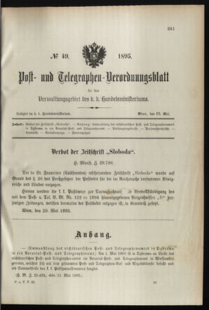 Post- und Telegraphen-Verordnungsblatt für das Verwaltungsgebiet des K.-K. Handelsministeriums 18950522 Seite: 1