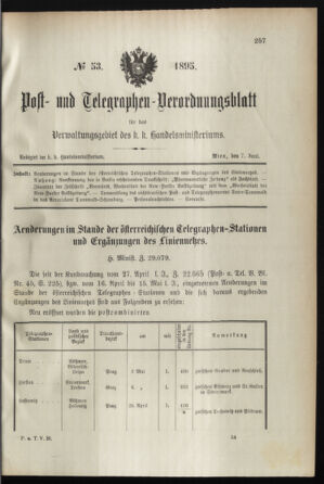 Post- und Telegraphen-Verordnungsblatt für das Verwaltungsgebiet des K.-K. Handelsministeriums 18950607 Seite: 1