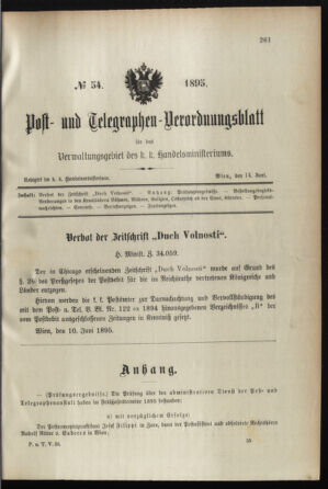 Post- und Telegraphen-Verordnungsblatt für das Verwaltungsgebiet des K.-K. Handelsministeriums 18950614 Seite: 1