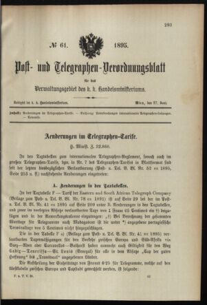 Post- und Telegraphen-Verordnungsblatt für das Verwaltungsgebiet des K.-K. Handelsministeriums 18950627 Seite: 1