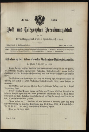 Post- und Telegraphen-Verordnungsblatt für das Verwaltungsgebiet des K.-K. Handelsministeriums 18950628 Seite: 1