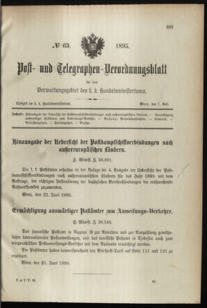 Post- und Telegraphen-Verordnungsblatt für das Verwaltungsgebiet des K.-K. Handelsministeriums 18950701 Seite: 1