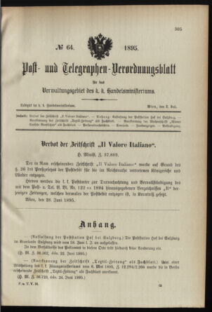 Post- und Telegraphen-Verordnungsblatt für das Verwaltungsgebiet des K.-K. Handelsministeriums 18950703 Seite: 1