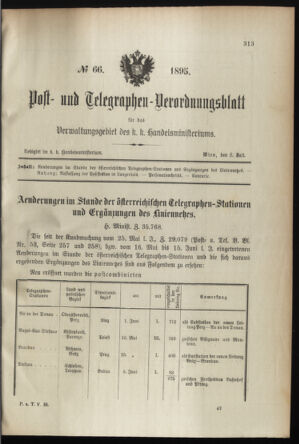 Post- und Telegraphen-Verordnungsblatt für das Verwaltungsgebiet des K.-K. Handelsministeriums 18950708 Seite: 1