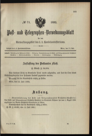 Post- und Telegraphen-Verordnungsblatt für das Verwaltungsgebiet des K.-K. Handelsministeriums 18950719 Seite: 1