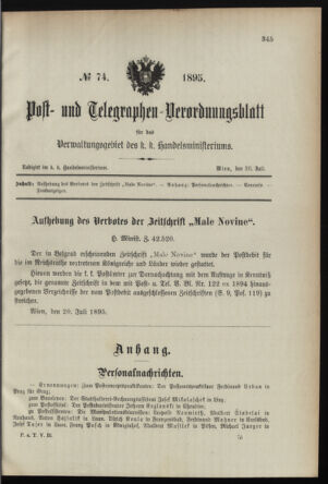 Post- und Telegraphen-Verordnungsblatt für das Verwaltungsgebiet des K.-K. Handelsministeriums 18950726 Seite: 1