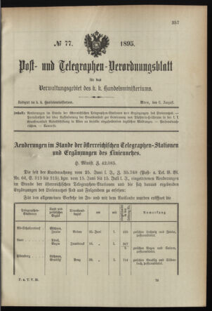 Post- und Telegraphen-Verordnungsblatt für das Verwaltungsgebiet des K.-K. Handelsministeriums 18950806 Seite: 1