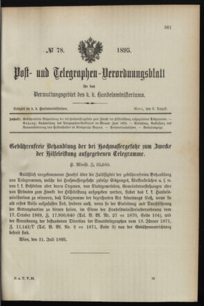 Post- und Telegraphen-Verordnungsblatt für das Verwaltungsgebiet des K.-K. Handelsministeriums 18950808 Seite: 1