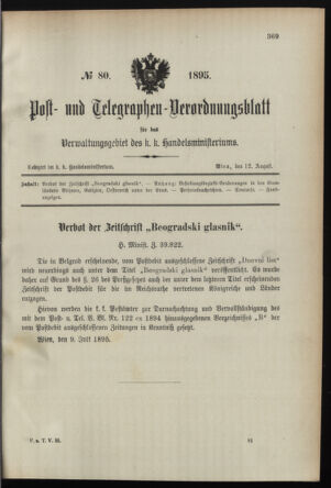 Post- und Telegraphen-Verordnungsblatt für das Verwaltungsgebiet des K.-K. Handelsministeriums 18950812 Seite: 1