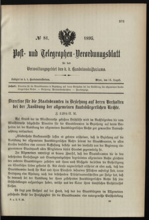 Post- und Telegraphen-Verordnungsblatt für das Verwaltungsgebiet des K.-K. Handelsministeriums 18950814 Seite: 1