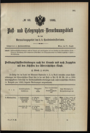 Post- und Telegraphen-Verordnungsblatt für das Verwaltungsgebiet des K.-K. Handelsministeriums 18950821 Seite: 1