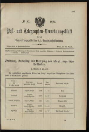 Post- und Telegraphen-Verordnungsblatt für das Verwaltungsgebiet des K.-K. Handelsministeriums 18950822 Seite: 1