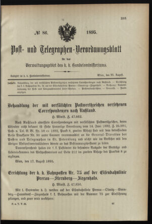 Post- und Telegraphen-Verordnungsblatt für das Verwaltungsgebiet des K.-K. Handelsministeriums 18950823 Seite: 1