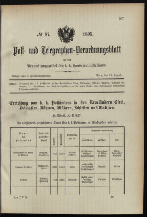 Post- und Telegraphen-Verordnungsblatt für das Verwaltungsgebiet des K.-K. Handelsministeriums 18950824 Seite: 1