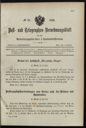 Post- und Telegraphen-Verordnungsblatt für das Verwaltungsgebiet des K.-K. Handelsministeriums 18950904 Seite: 1