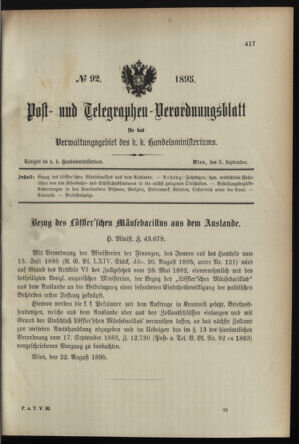 Post- und Telegraphen-Verordnungsblatt für das Verwaltungsgebiet des K.-K. Handelsministeriums 18950905 Seite: 1