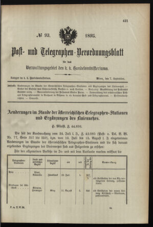 Post- und Telegraphen-Verordnungsblatt für das Verwaltungsgebiet des K.-K. Handelsministeriums 18950907 Seite: 1