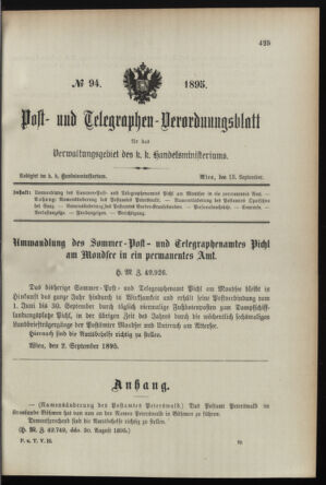 Post- und Telegraphen-Verordnungsblatt für das Verwaltungsgebiet des K.-K. Handelsministeriums 18950913 Seite: 1