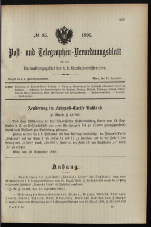 Post- und Telegraphen-Verordnungsblatt für das Verwaltungsgebiet des K.-K. Handelsministeriums 18950920 Seite: 1