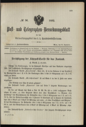 Post- und Telegraphen-Verordnungsblatt für das Verwaltungsgebiet des K.-K. Handelsministeriums 18950925 Seite: 1